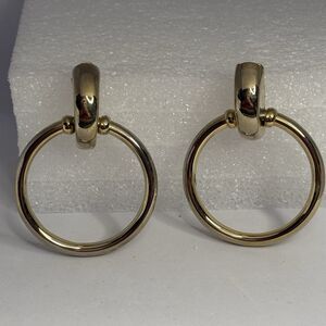Vintage Gold Tone Large Dangle Hoop Clip On Earrings Door Knockers 80s Statement